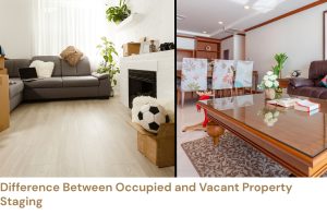 comparison showing the difference between occupied property staging and vacant property staging in a living room.