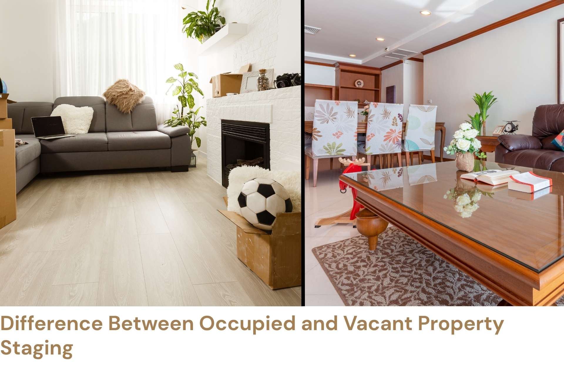 comparison showing the difference between occupied property staging and vacant property staging in a living room.