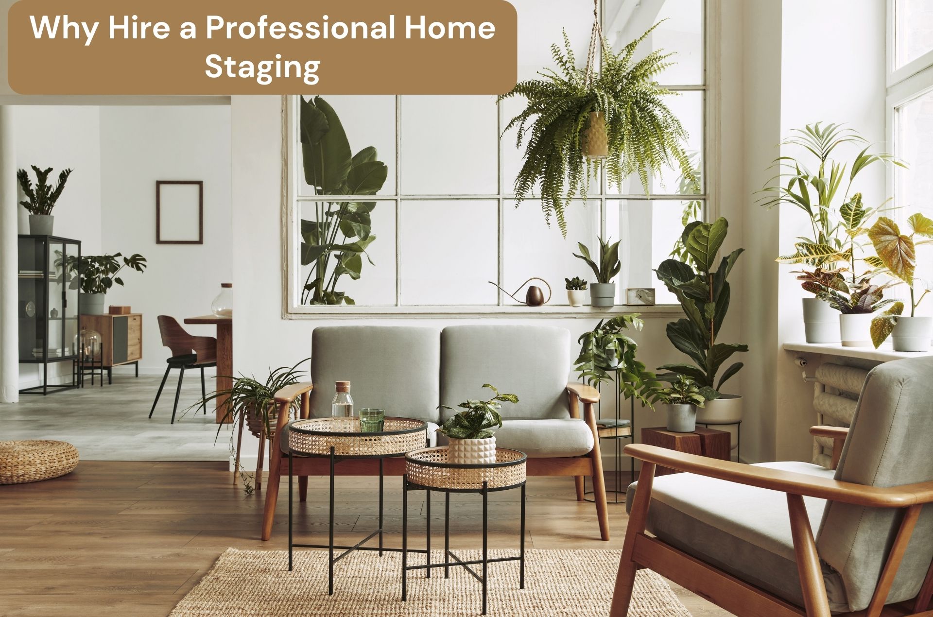 Modern living room styled with indoor plants and minimalist furniture for professional home staging