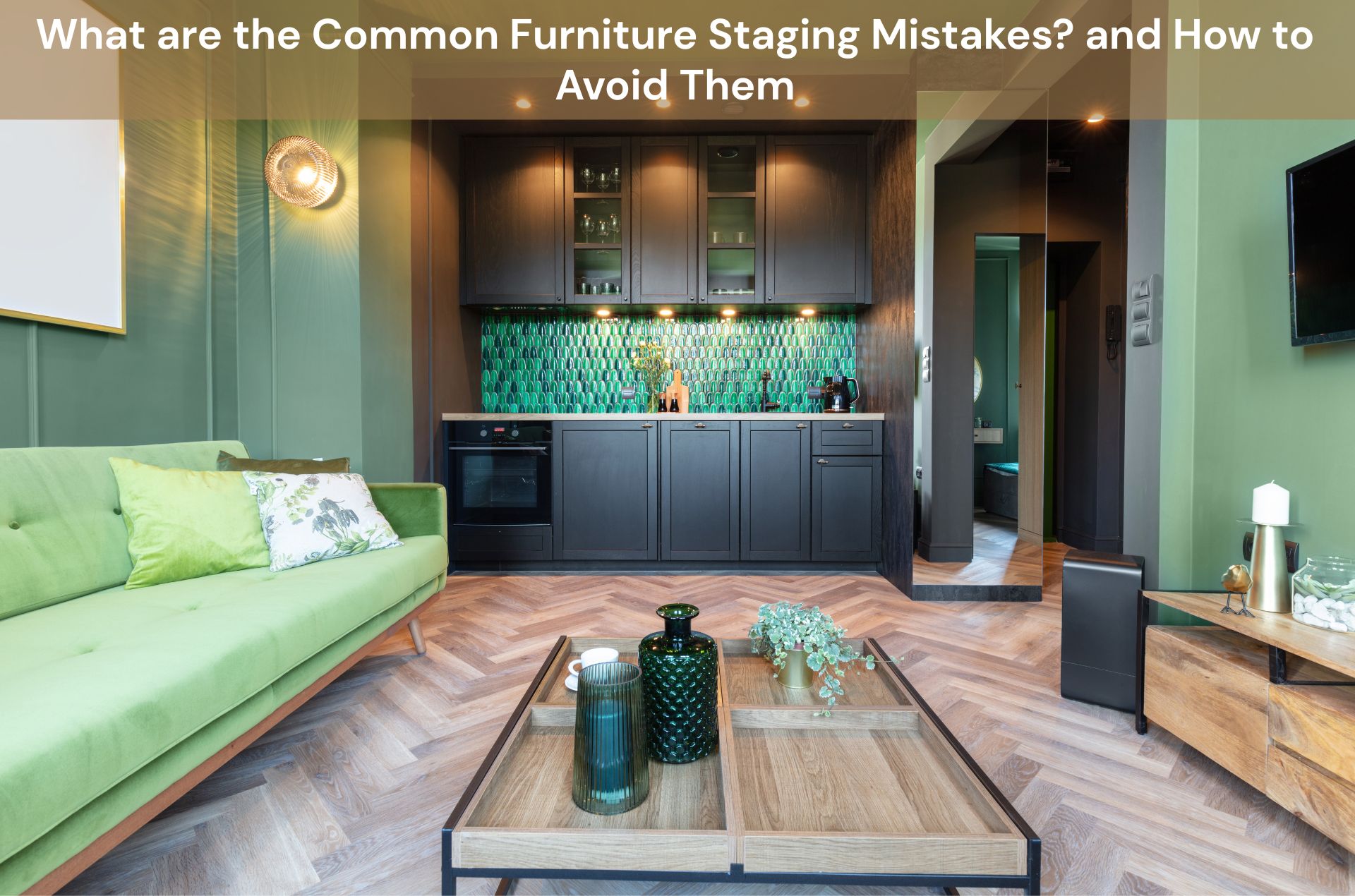 A modern living room with green décor, wooden flooring, and staged furniture showing a balanced layout—illustrating common furniture staging mistakes and how to avoid them.