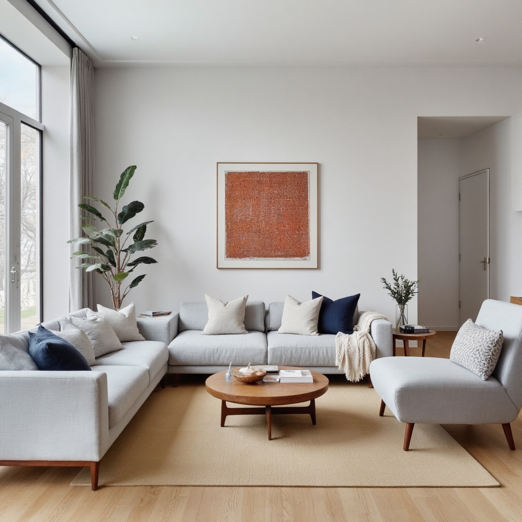 Light grey painted walls in a modern staged living room with natural light and neutral furniture