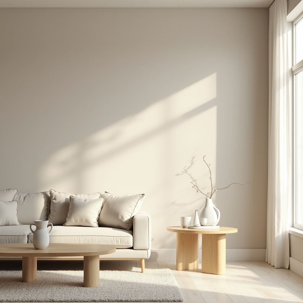 Soft greige painted walls in a modern living room with wooden furniture and neutral décor, styled for home staging