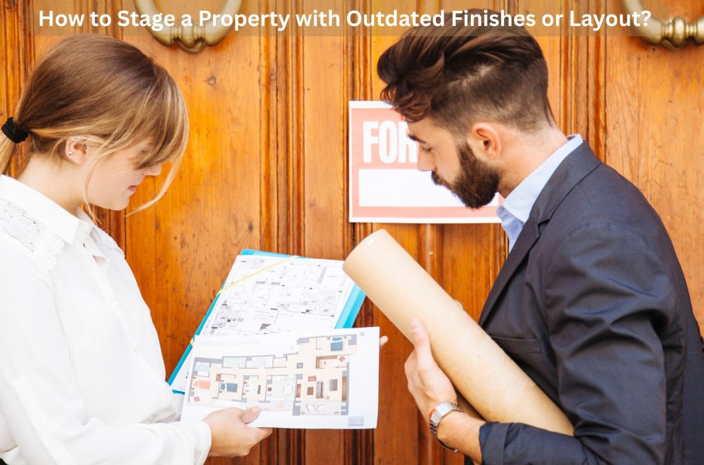 Real estate agent discussing floor plan while staging a property with outdated finishes before listing for sale