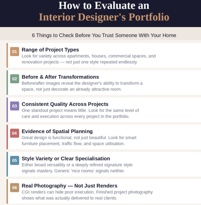 Infographic showing 6 things to look for when evaluating an interior designer's portfolio before hiring