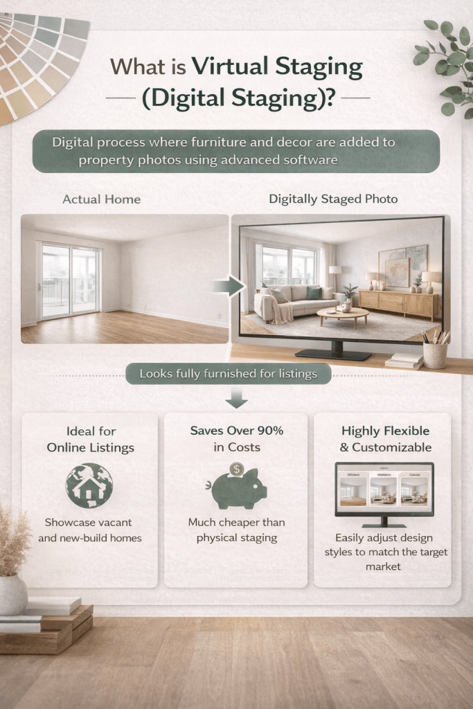 Virtual staging infographic showing empty room transformed into digitally furnished space with benefits like cost savings and flexibility
