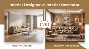 Interior designer vs interior decorator comparison showing modern minimal design vs styled luxury living room