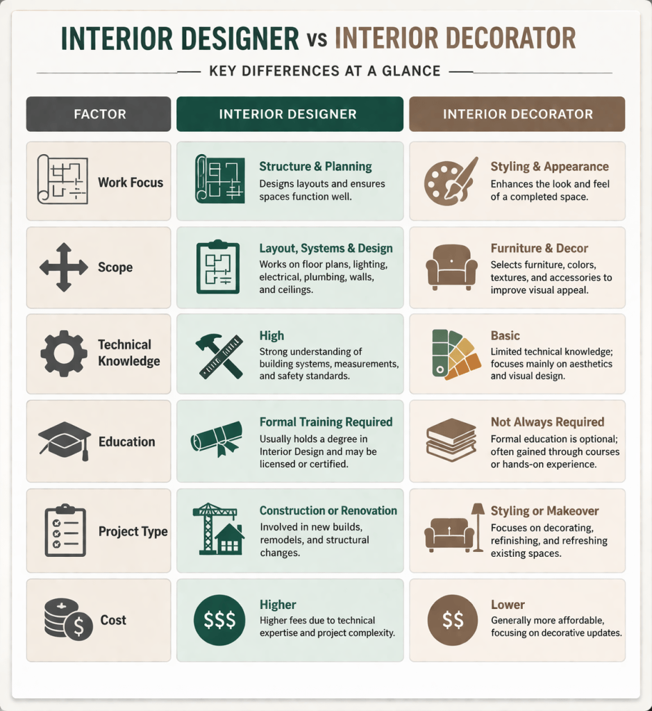 Interior designer vs Interior decorator comparison table with key differences