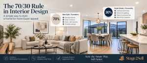 Professionally staged Melbourne living and dining area illustrating the 70/30 rule in interior design by Stage2Sell.